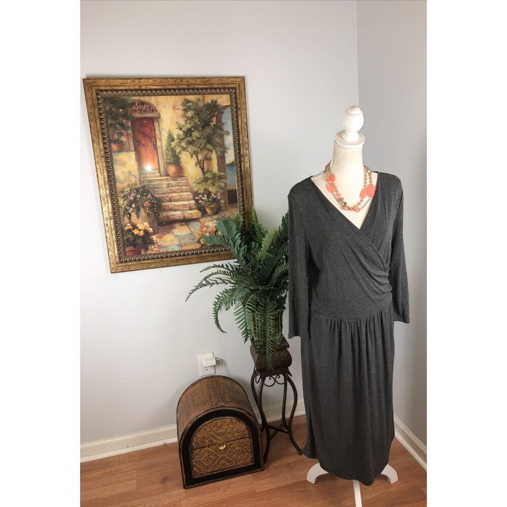 Charter Club Midi Dress Gray L Womens Deep V-neck Stretch Jersey Knit 3/4 Sleeve